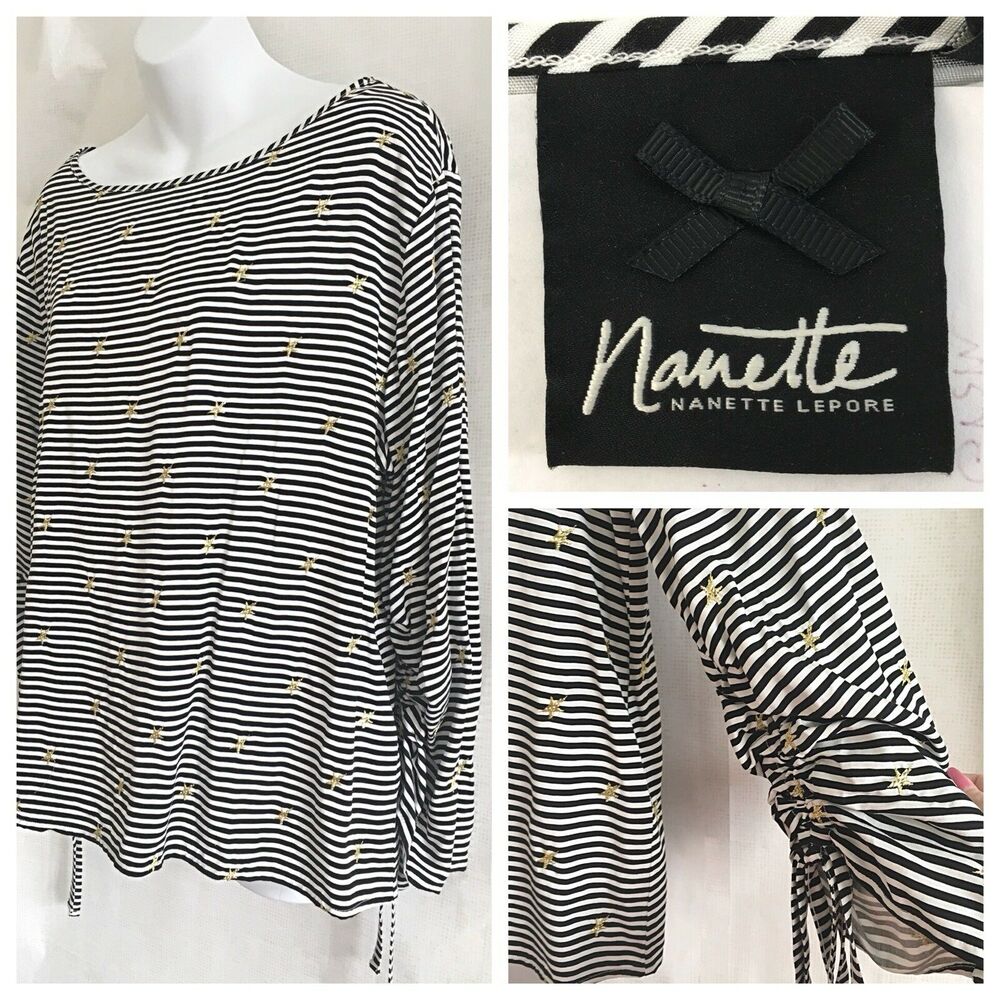 Nanette Lepore Womens Medium Gold Star Black/White Striped Cinched Sleeve Blouse